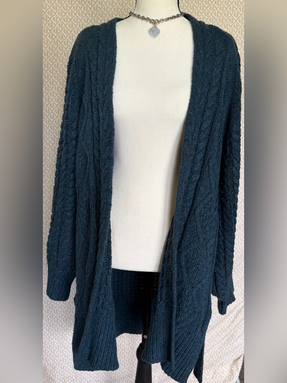 A New Day Deep Blue Marled Open Front Thick Cable Knit Cardigan Sweater Size M